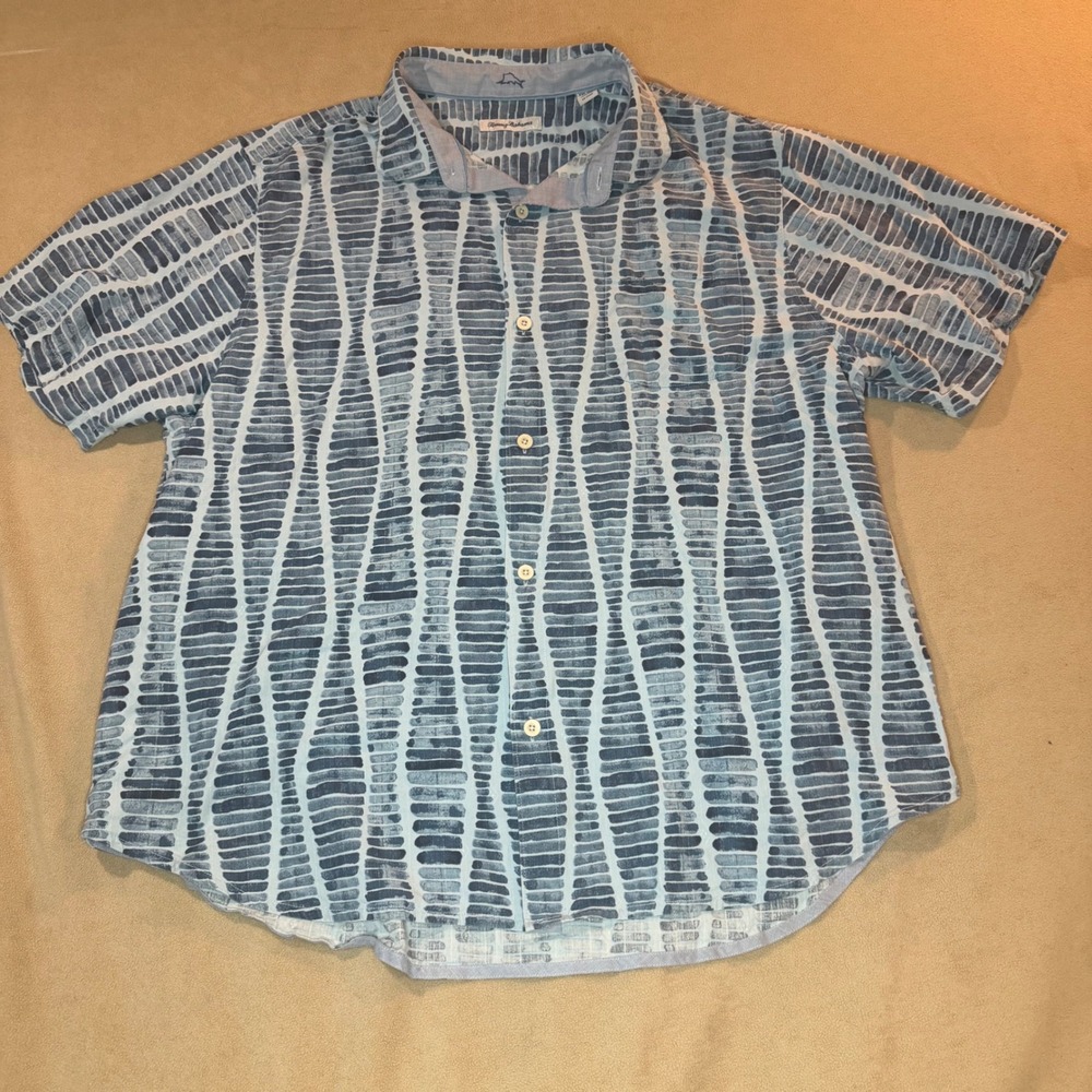 Tommy Bahama Mens XXL Silk Short Sleeve Button Down Shirt Blue Geometric Print